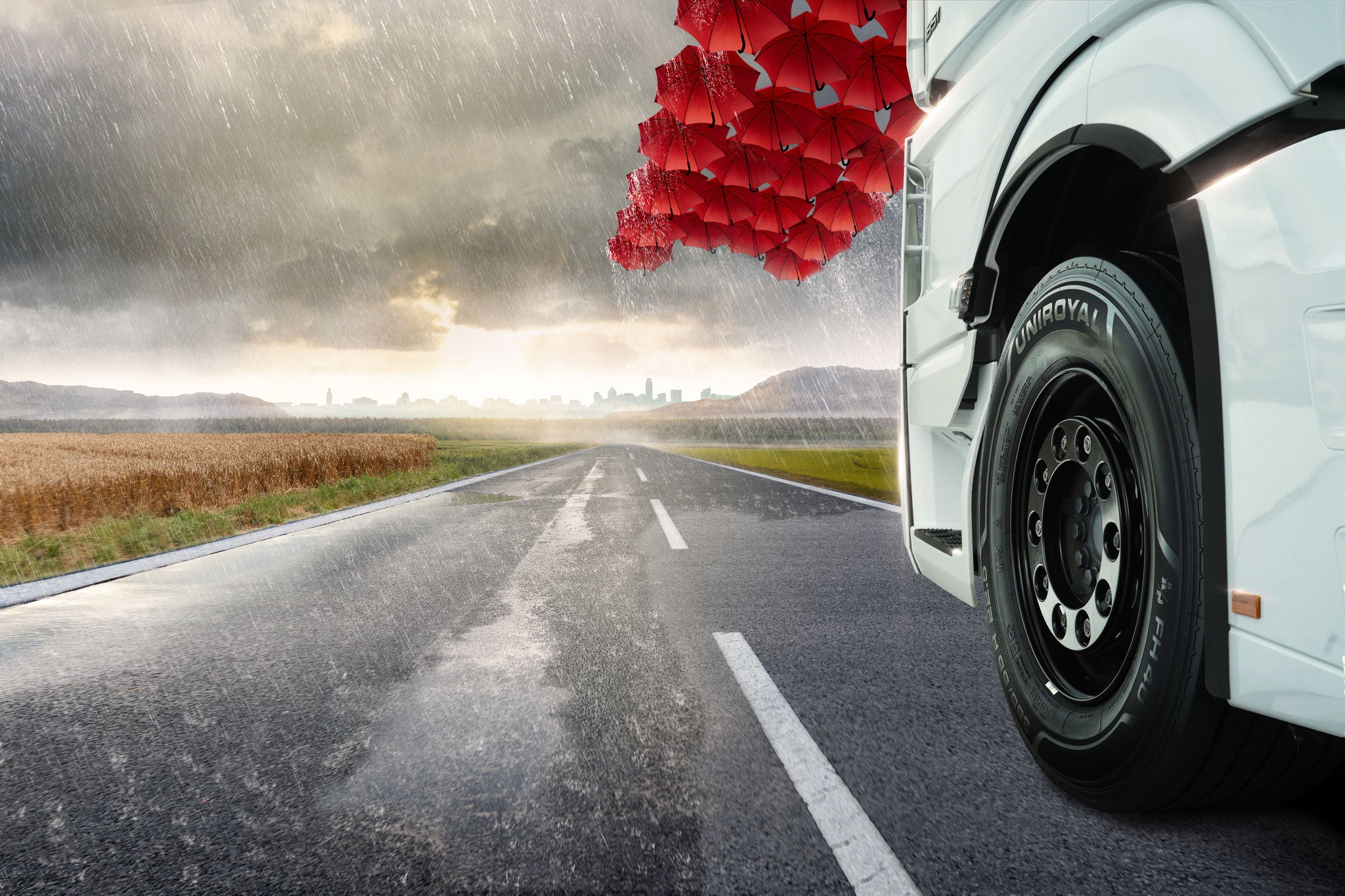 Pick-Up Truck on a country road on a spring cloudy day